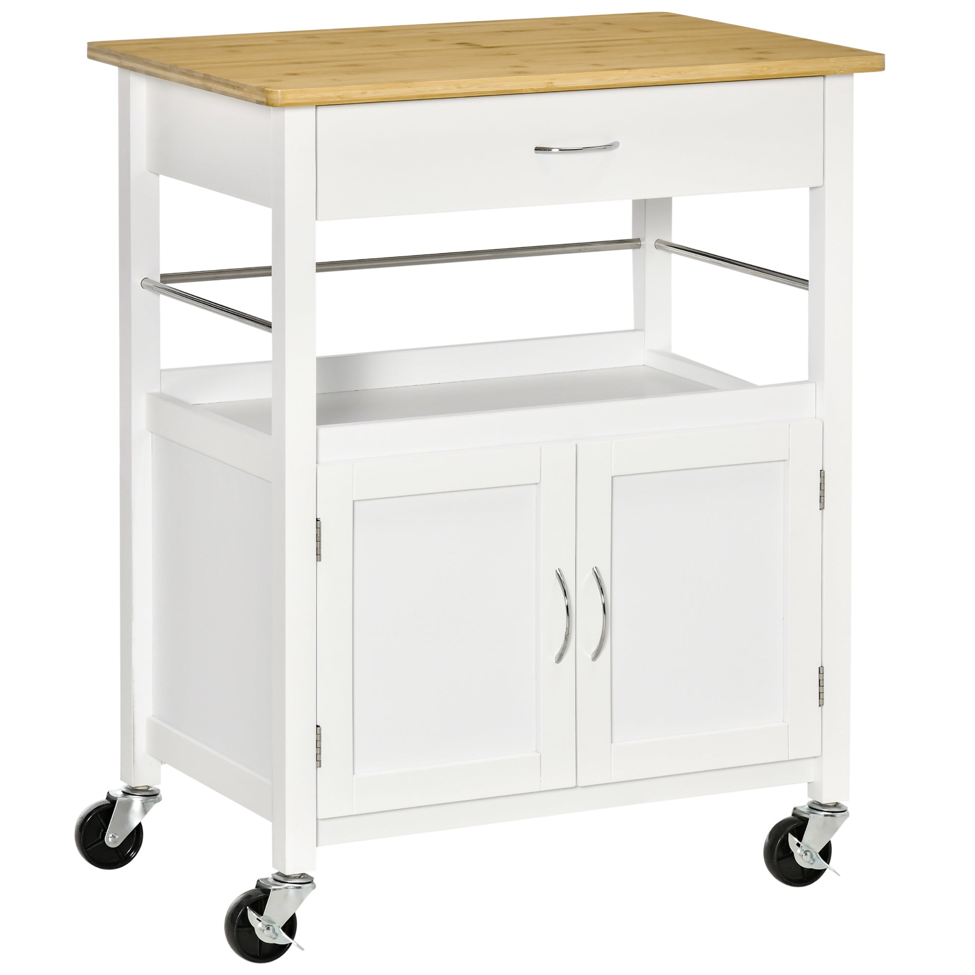 HOMCOM White Mobile Utility Trolley: Kitchen Island Cart with Drawer, Side Hooks & Dining Room Storage