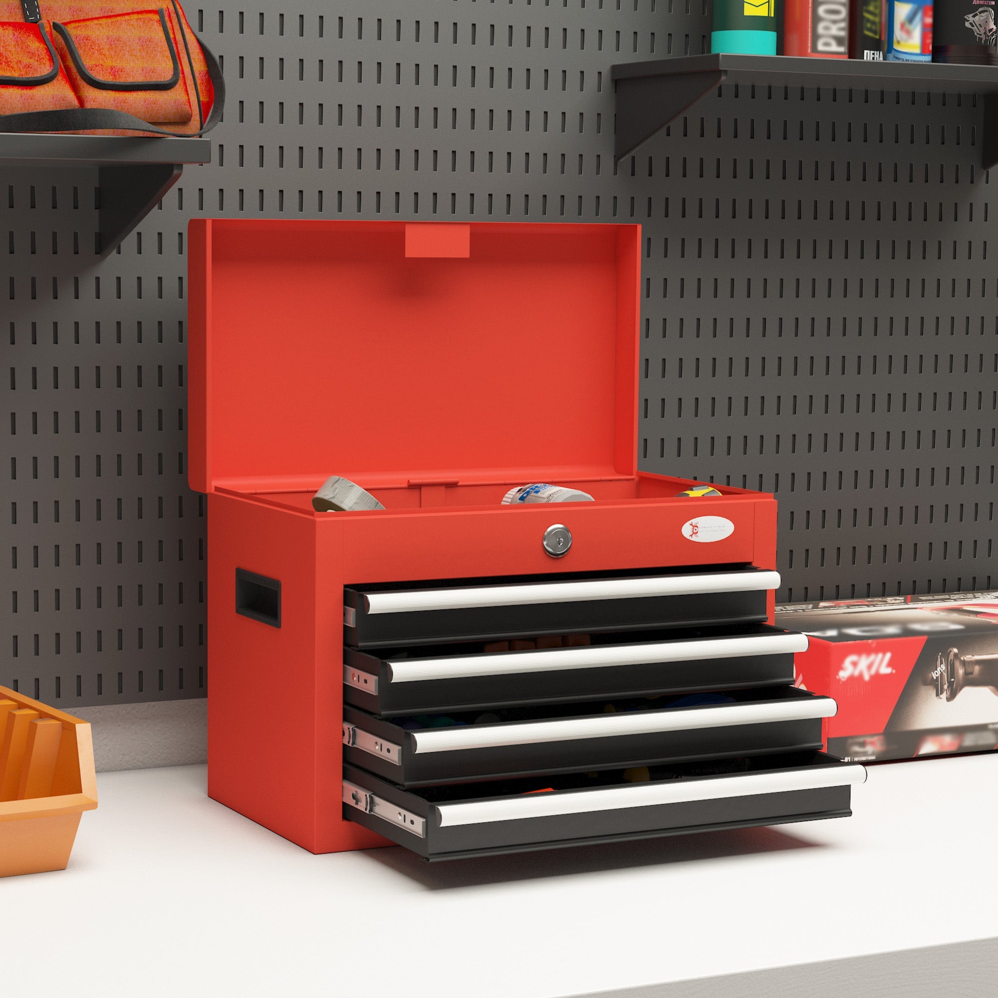 DURHAND Lockable Tool Chest Supremacy: Portable 4 Drawers Top Storage Steel Box with Latch and Keys for Garage, Red Finish