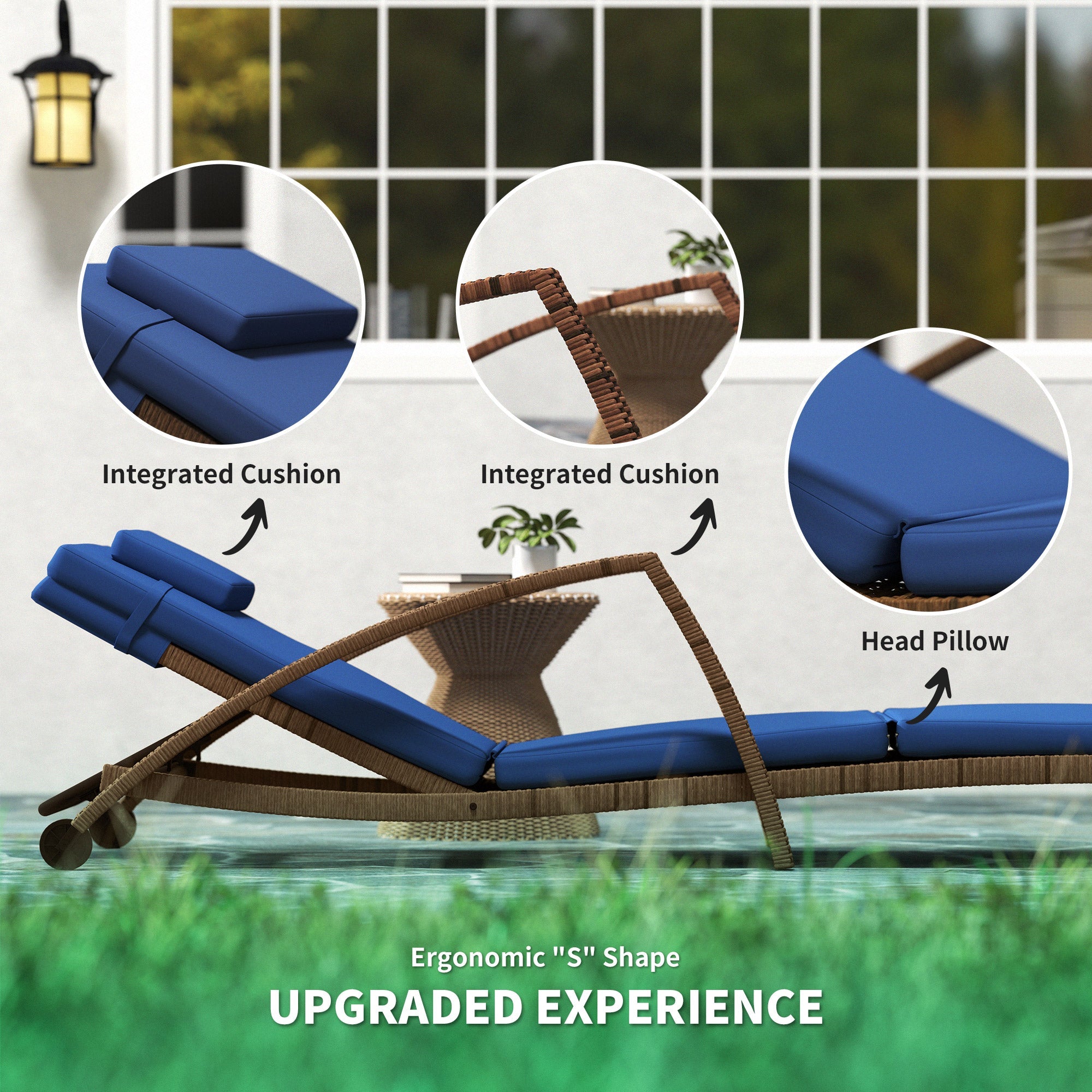 Outsunny Set of 2 Wicker Chaise Lounge Chair Outdoor Patio Lounger with 5 Adjustable Back, Wheels, Cushion and Armrests, Blue