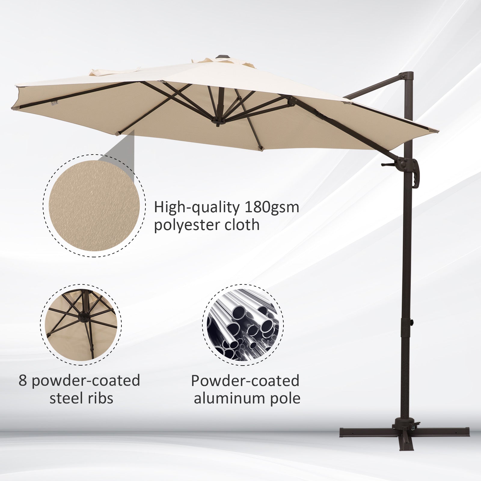 Outsunny Cantilever Umbrella Φ10ft Round Hanging Aluminium Patio 360° Rotatable Offset Parasol Cream White