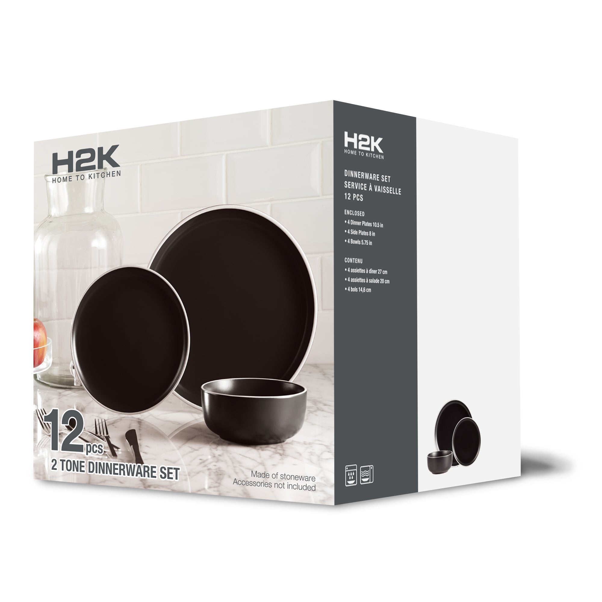 Dinnerware Set 12 Piece 2 Tone Cylinder Black, Service for 4