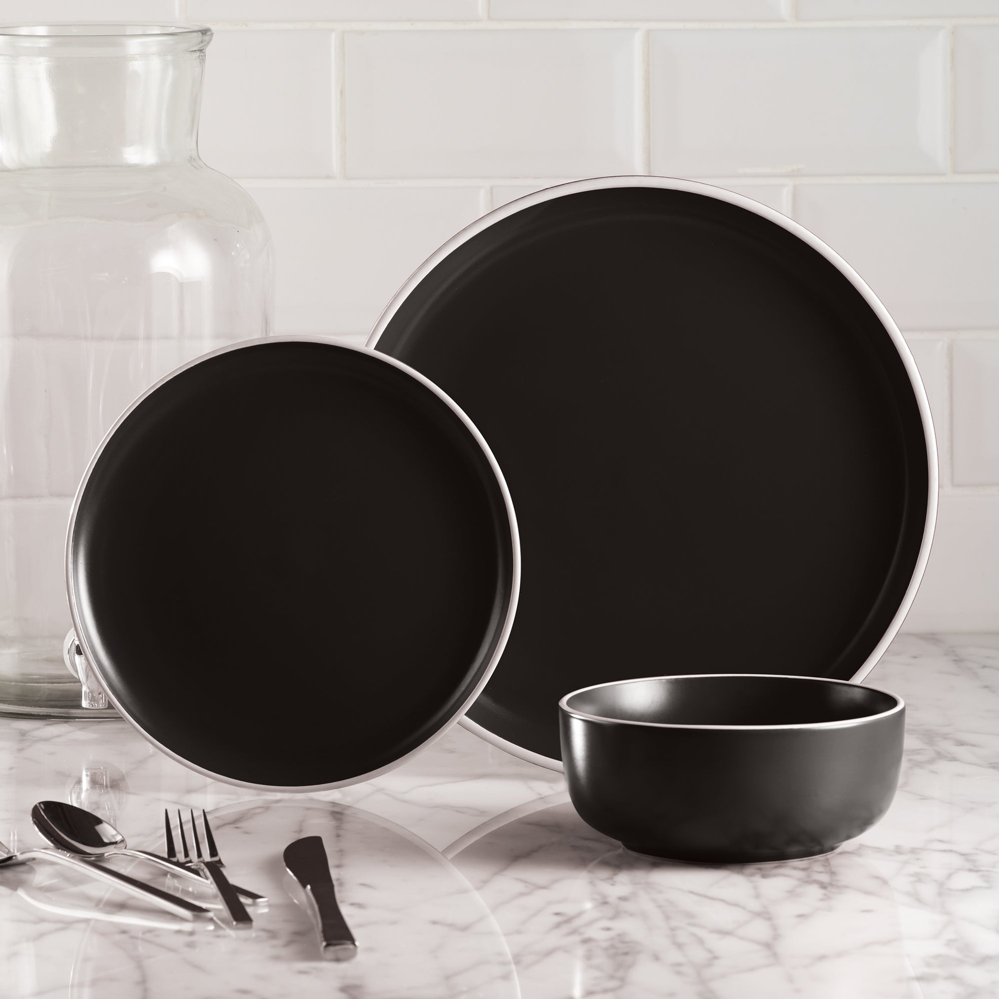 Dinnerware Set 12 Piece 2 Tone Cylinder Black, Service for 4