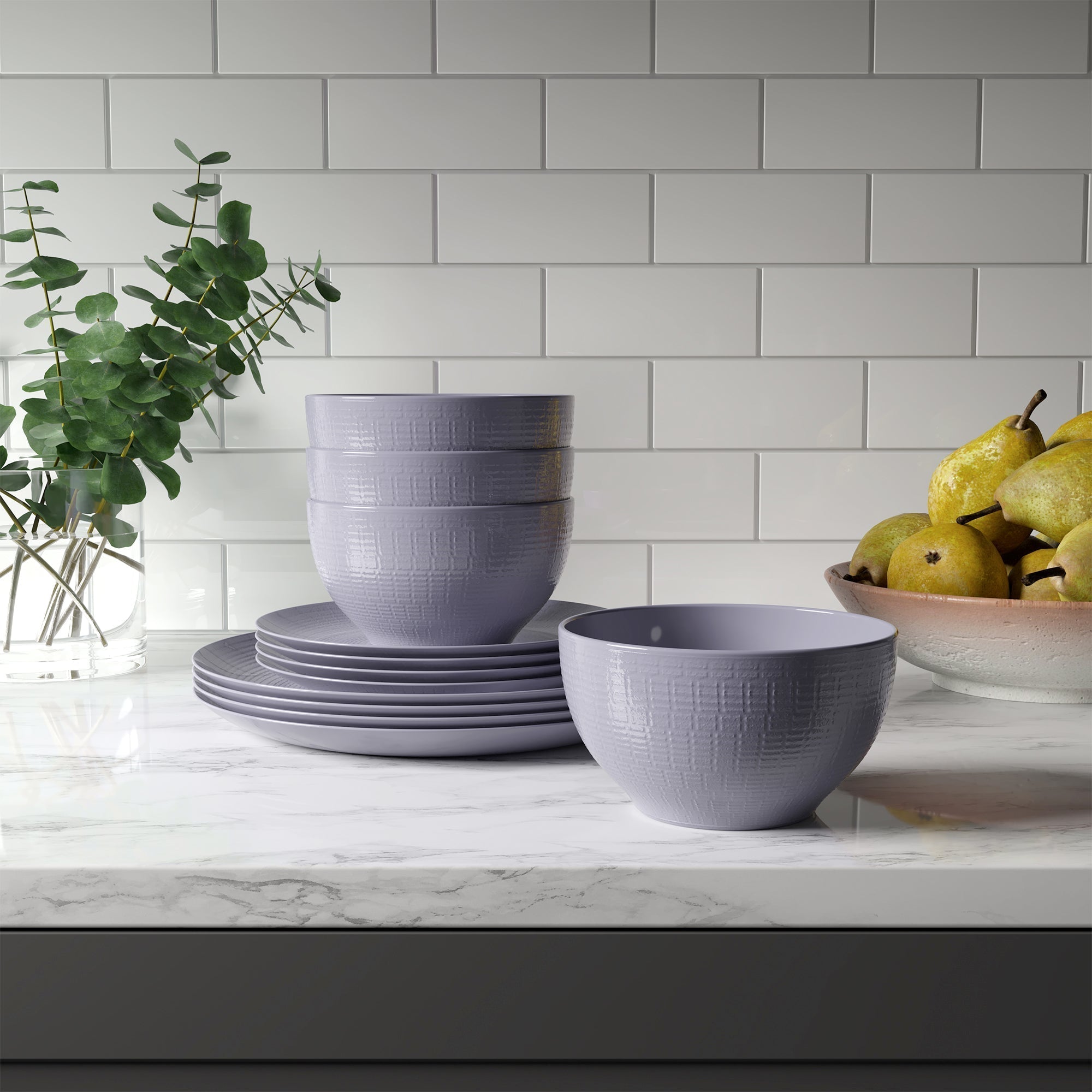 Dinnerware Set 12 Piece Embossed Grey, Service for 4