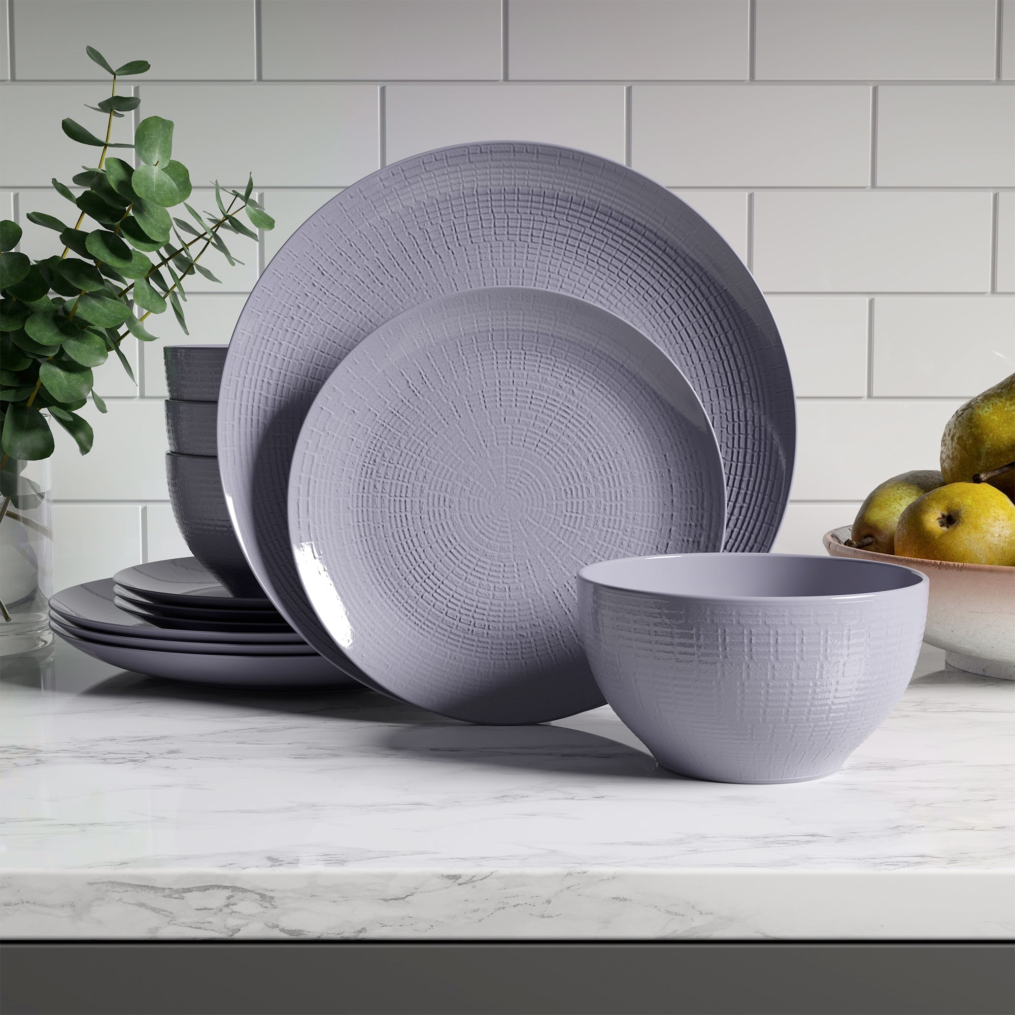Dinnerware Set 12 Piece Embossed Grey, Service for 4