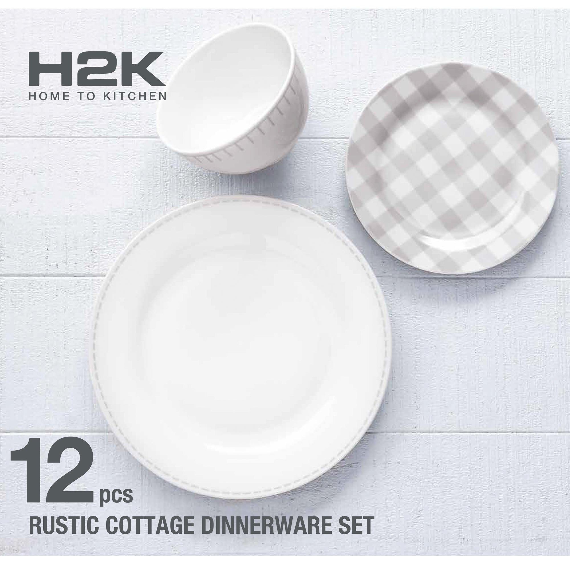 Dinnerware Set 12 Piece Rustic Cottage Grey/White, Service for 4