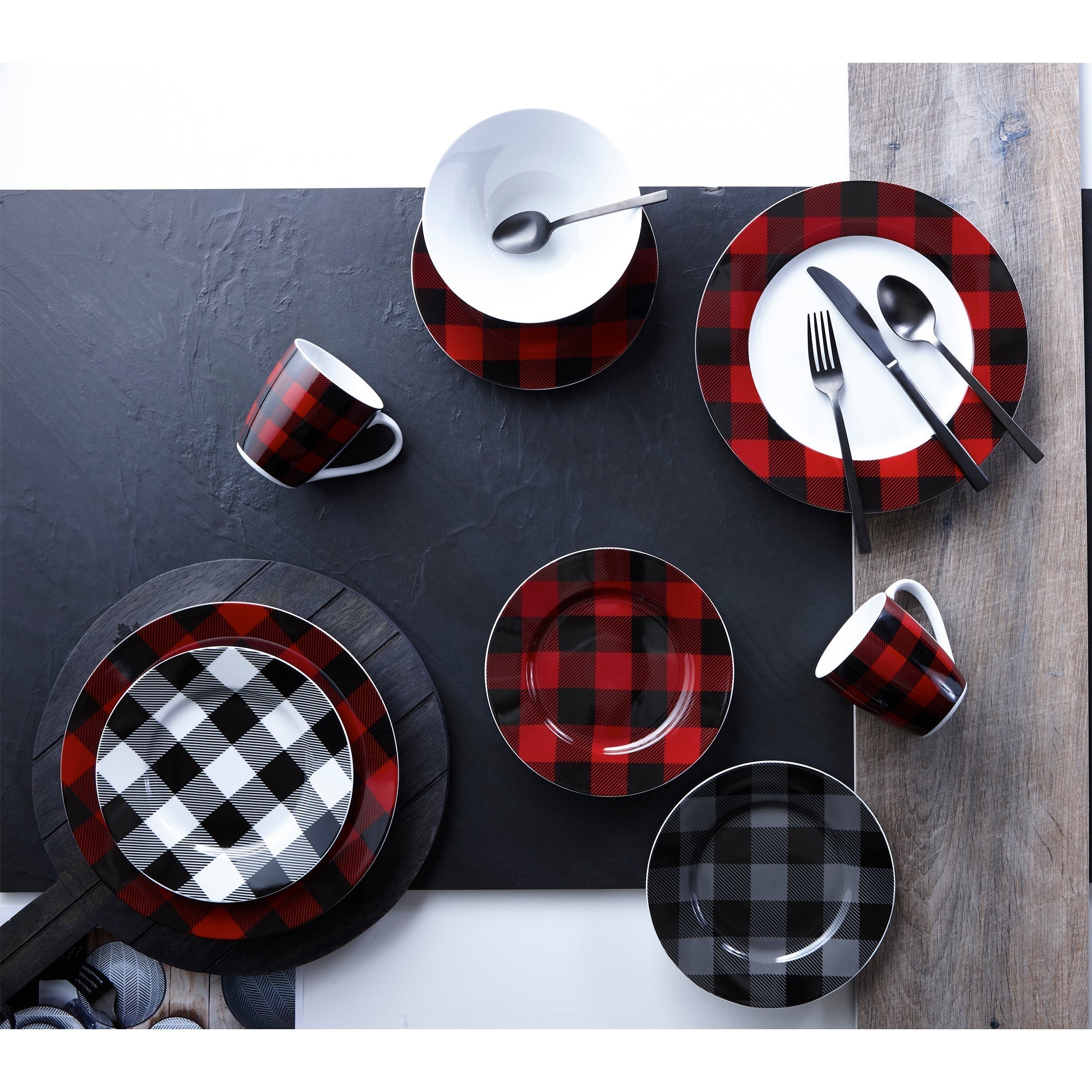 Dinnerware Set 16 Piece Buffalo Plaid Red/Black, Service for 4