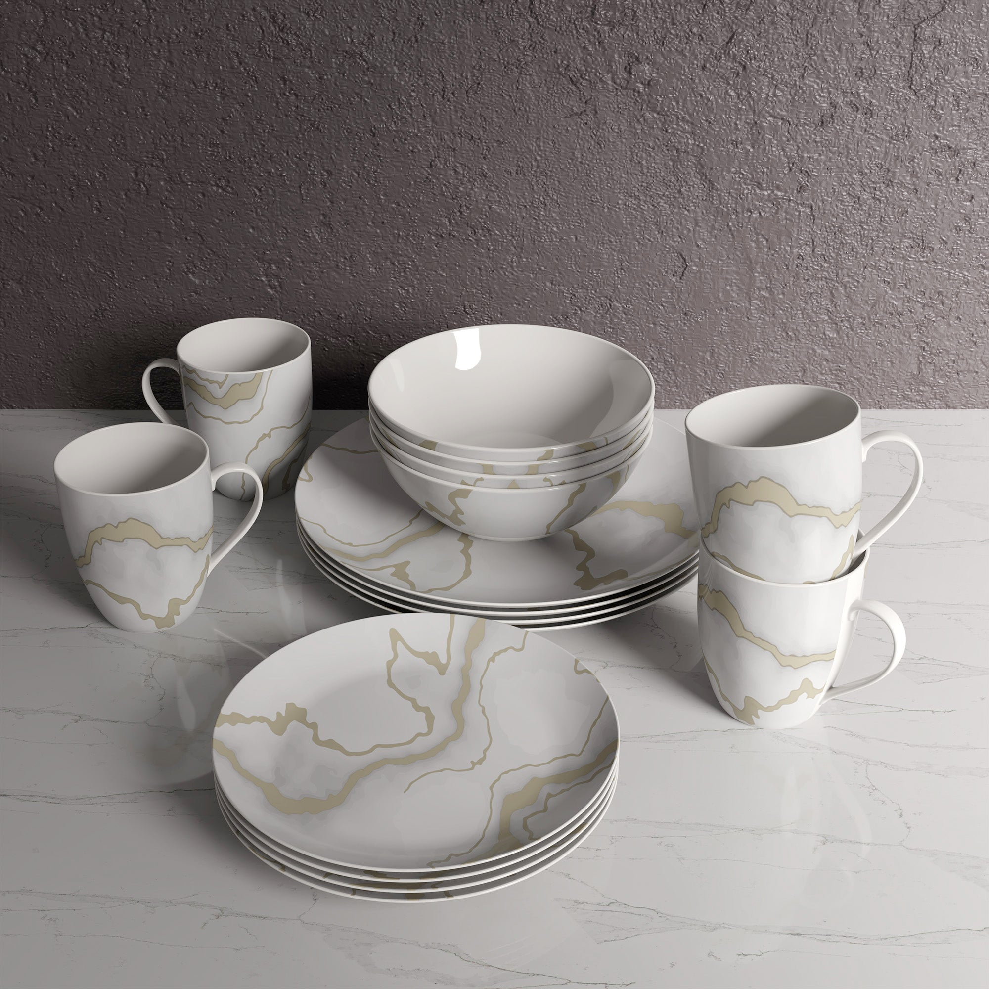 Dinnerware Set 16 Piece Electric Gold Marble, Service for 4