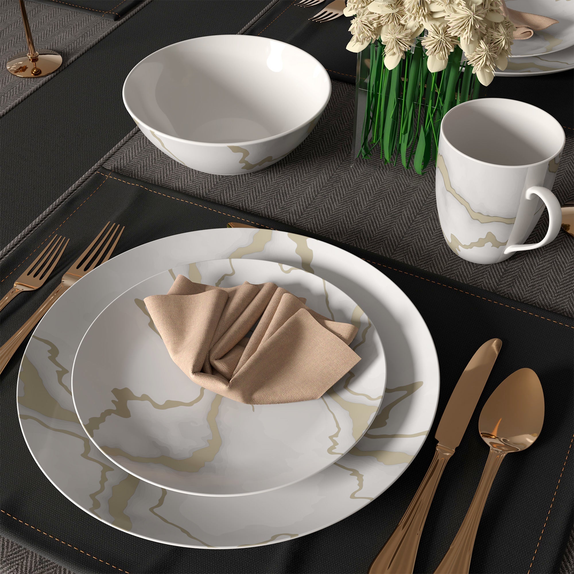 Dinnerware Set 16 Piece Electric Gold Marble, Service for 4