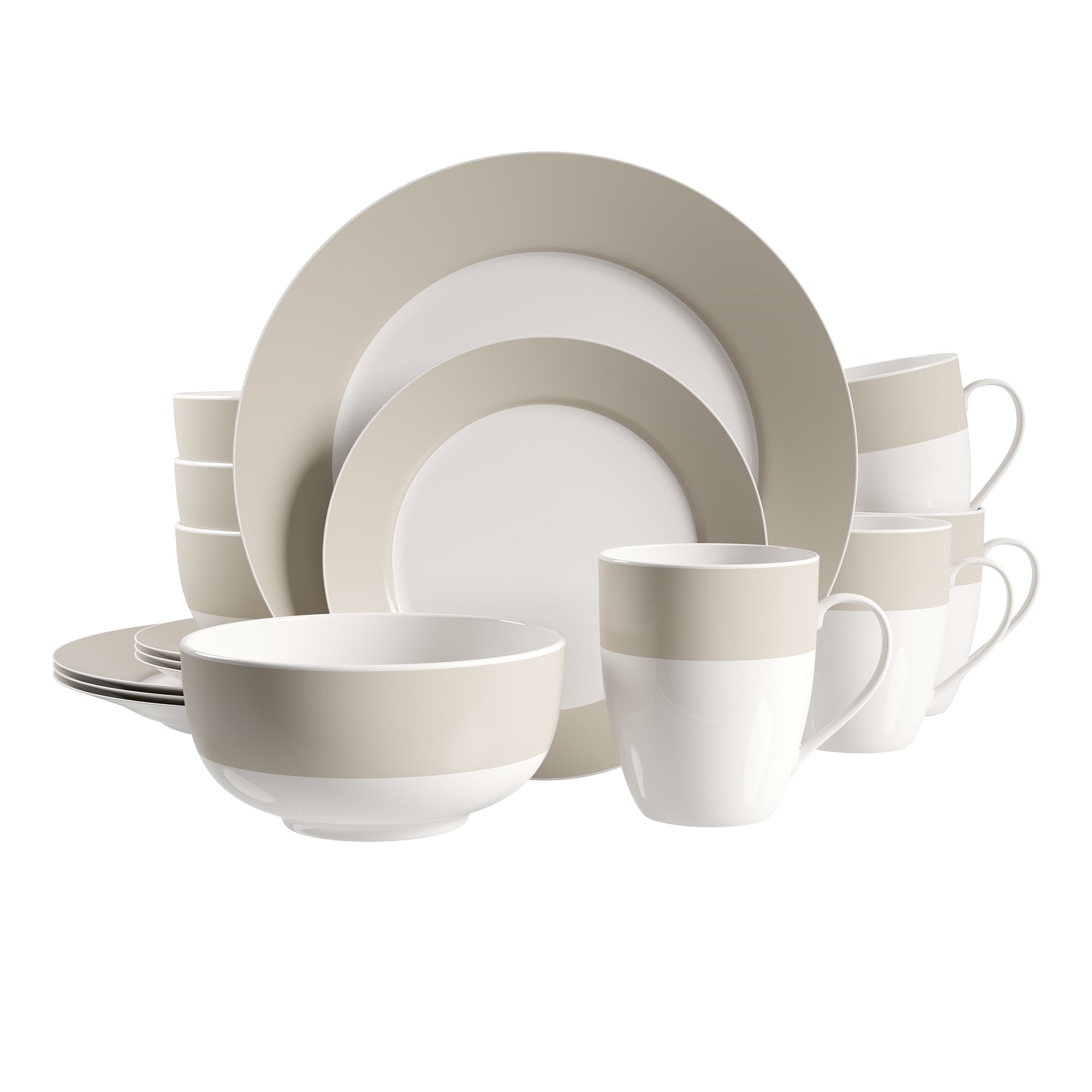 Dinnerware Set Round Rim 16 Piece Taupe Band , Service for 4
