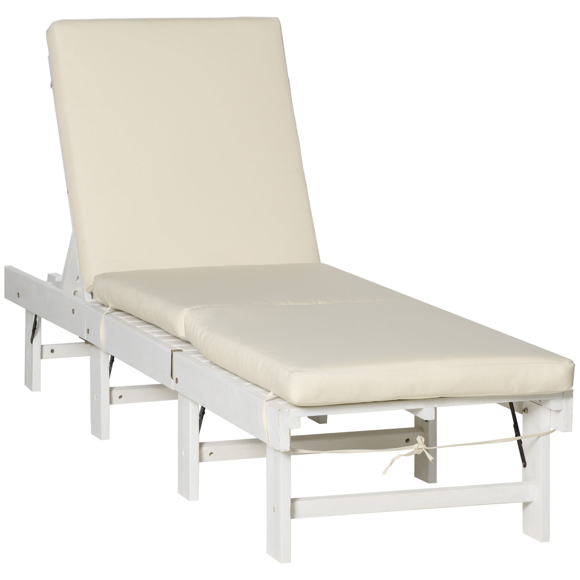 Outsunny Sun Lounger Foldable Wooden Outdoor Garden Chair with 4-Position Adjustable Back and Soft Cushion White