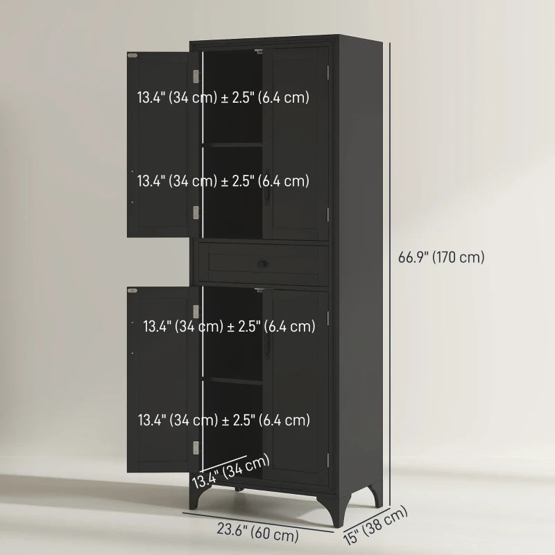 Freestanding Storage Cabinet, Kitchen Pantry Cabinet with 2 Shelves, 4 Doors for Dining Room, Black