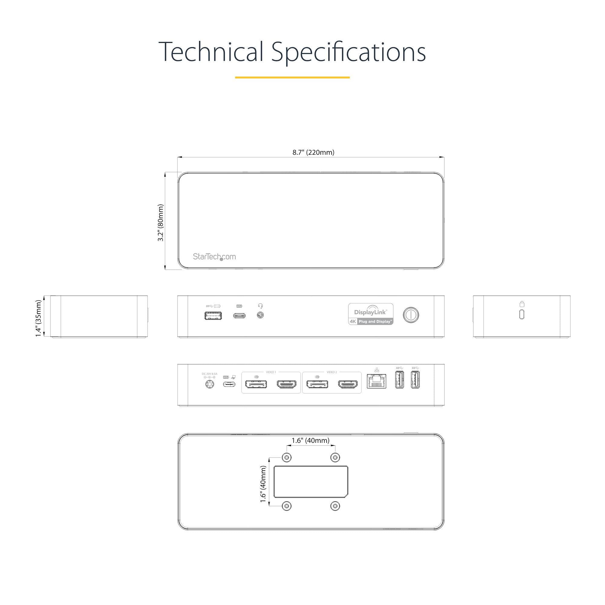 Universal Laptop Docking Station, Hybrid USB-C & USB-A Dock, Dual 4K DP & HDMI, 100W PD, Mac / Windows / Chrome OS, 4x USB 5Gbps Hub, GbE