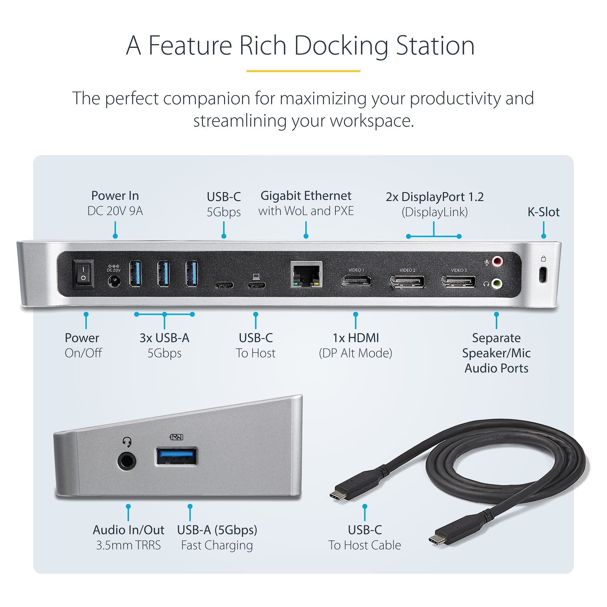 4K USB-C Dock, Triple UHD 4K Monitor Docking Station, Mac & Windows, USB C to HDMI & DisplayPort, 100W Power Delivery, 5x USB 5Gbps Hub - TAA