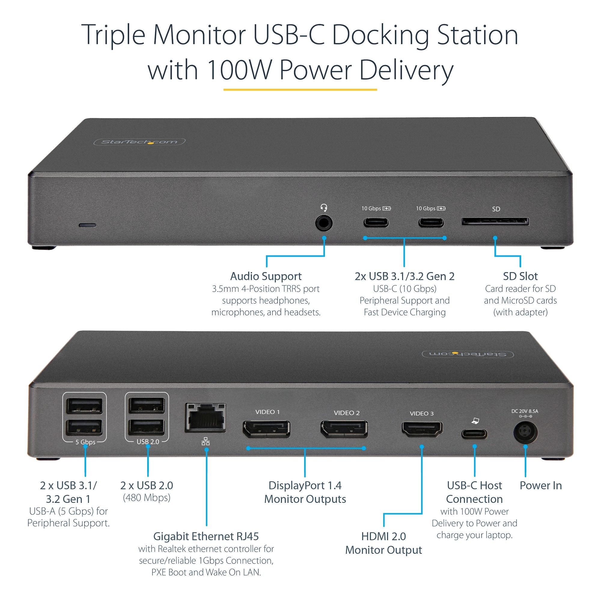 USB C Dock - Triple 4K Monitor USB Type-C Docking Station - 100W Power Delivery - DP 1.4 Alt Mode & DSC, 2x DisplayPort 1.4/HDMI 2.0 - 6xUSB (2x 10Gbps), SD - Windows/Chrome