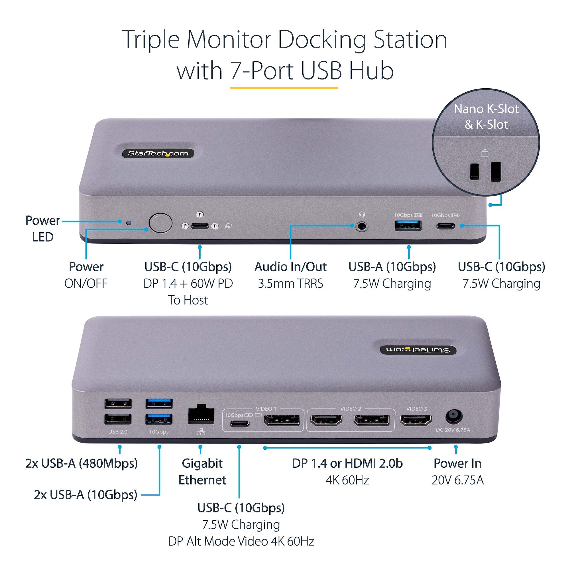 USB-C Docking Station, Multi Monitor HDMI/DP/USB-C Video Output, USB-C Dock, Triple Monitor 4K30/Dual 4K60, 7-Port USB Hub, 60W Power Delivery, GbE, 3.5mm Audio, Works With Chromebook certified - TAA