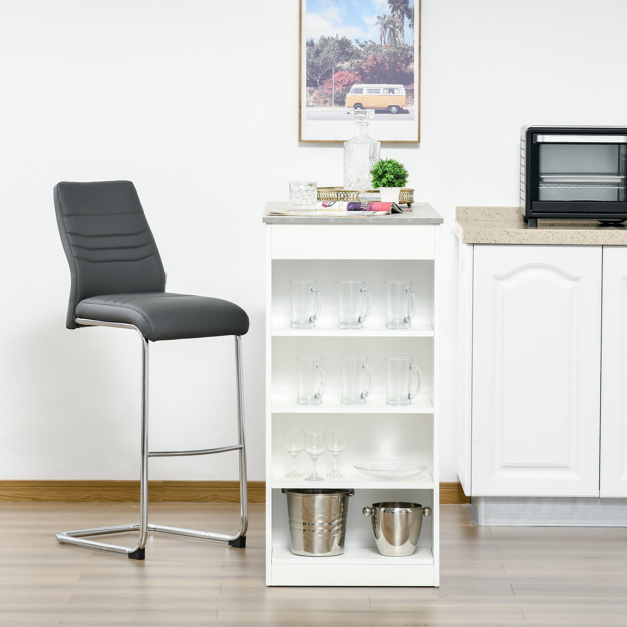 HOMCOM Bar Table High Top Pub Table with 4 Storage Shelves Modern Bar Height Table for Home Bar Kitchen Dining Room Grey