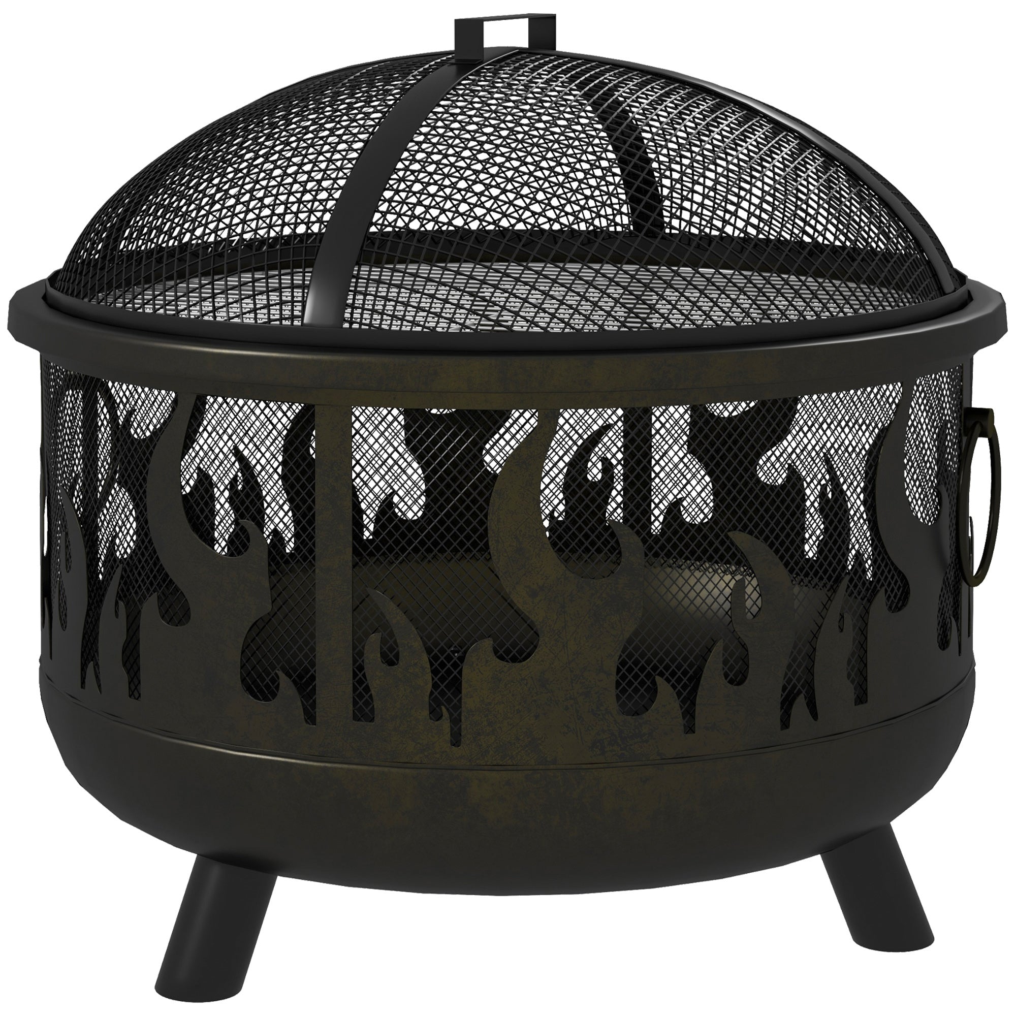Outsunny Metal Fire Pit 24" Round Outdoor Firepit Bowl with Lid Grill Poker for Garden Camping BBQ Bonfire Black