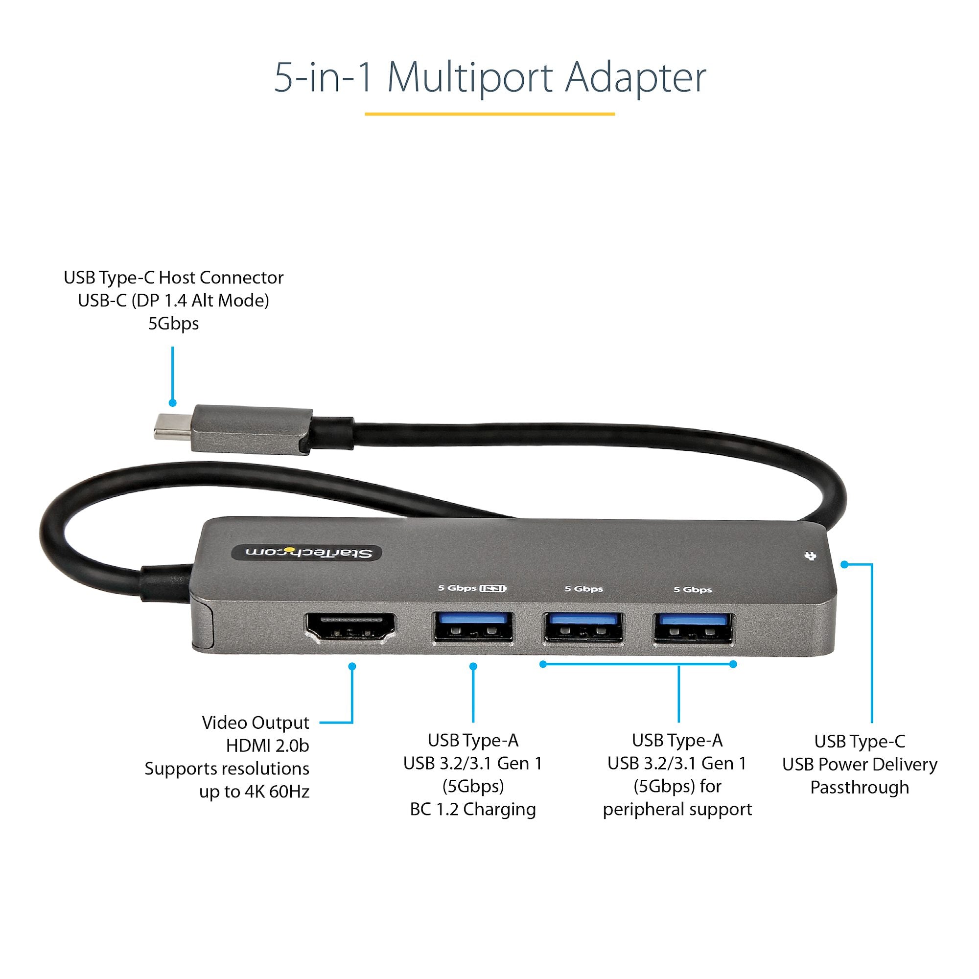 USB C Multiport Adapter - USB-C to HDMI 2.0b 4K 60Hz (HDR10), 100W Power Delivery Pass-Through, 4-Port USB 3.0 Hub - USB Type-C Mini Dock - 12" (30cm) Long Attached Cable