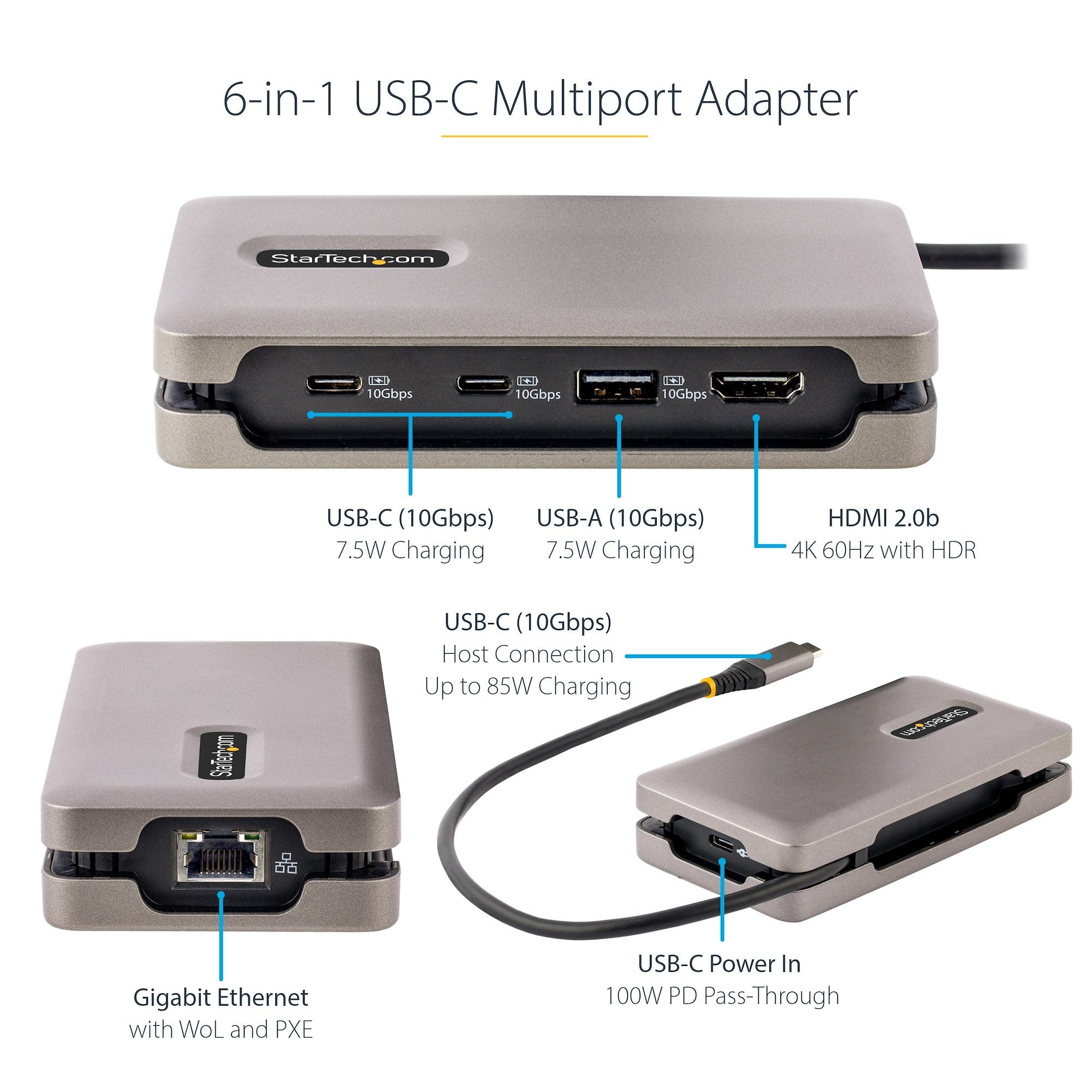 USB-C Multiport Adapter, 4K 60Hz HDMI 2.0b, HDR, USB 3.2 Gen 2 10Gbps Hub (2xUSB-C, 1xUSB-A), 100W PD Pass-Through, Mini Travel Dock, 12"/30cm Cable, Laptop Docking Station