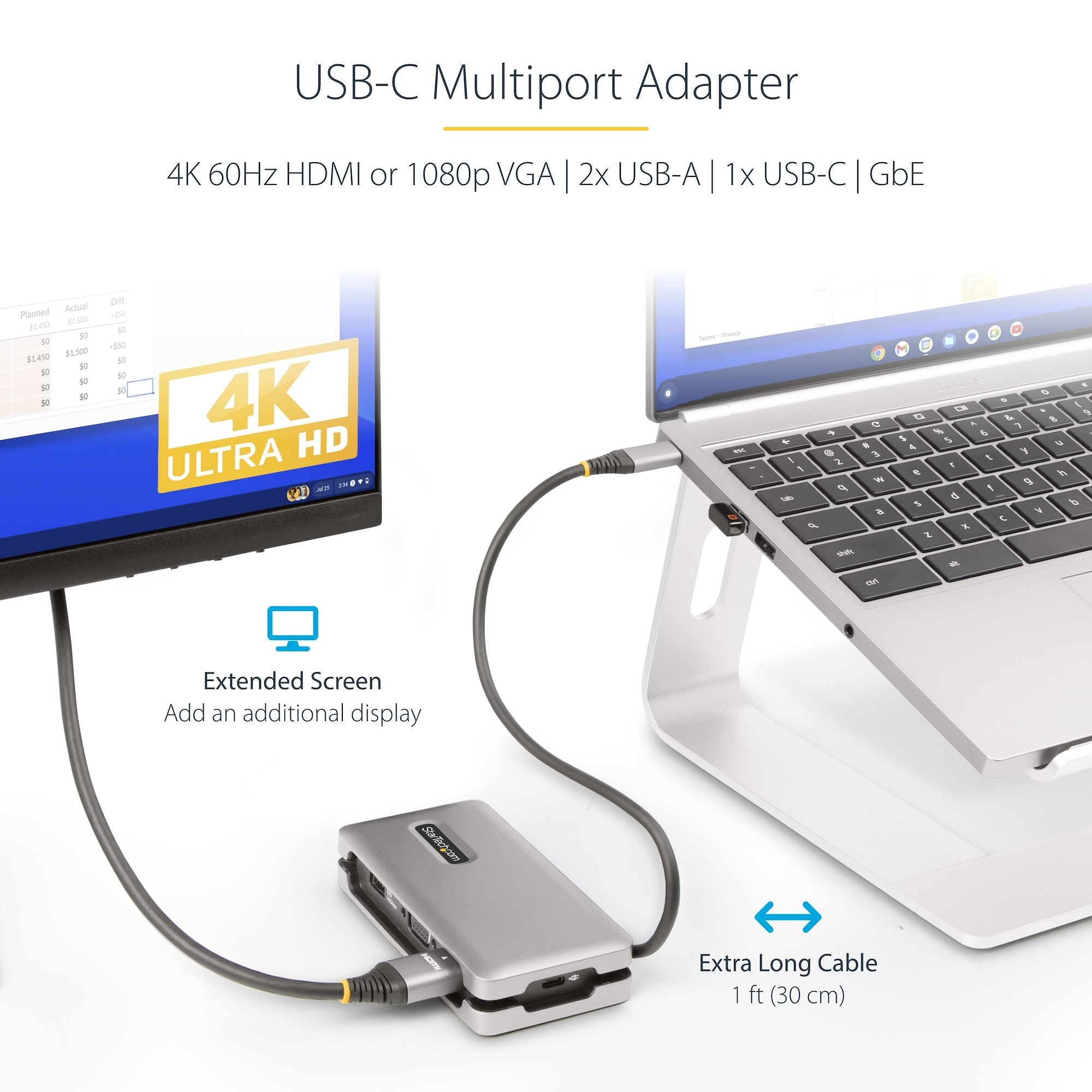 USB-C Multiport Adapter - HDMI/VGA - 4K 60Hz - 3-Port USB Hub - 100W Power Delivery Pass-Through - GbE - Travel Mini Docking Station w/ Charging - 1ft/30cm Wrap-Around Cable