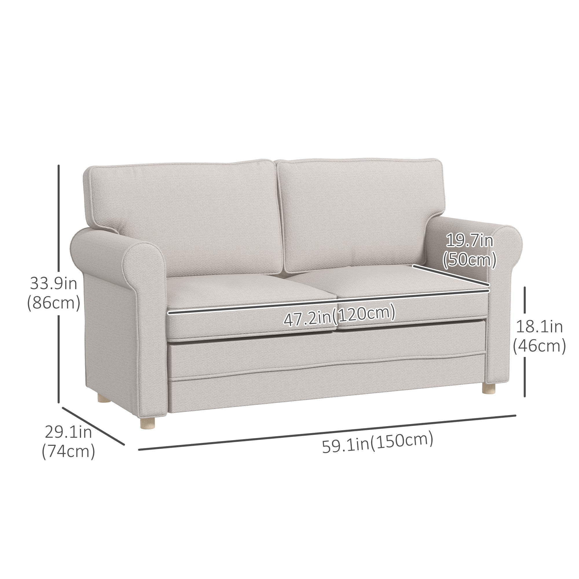 HOMCOM 59" Loveseat Sofa Bedroom Living Room Upholstered 2 Seater Couch Steel Frame Light Grey
