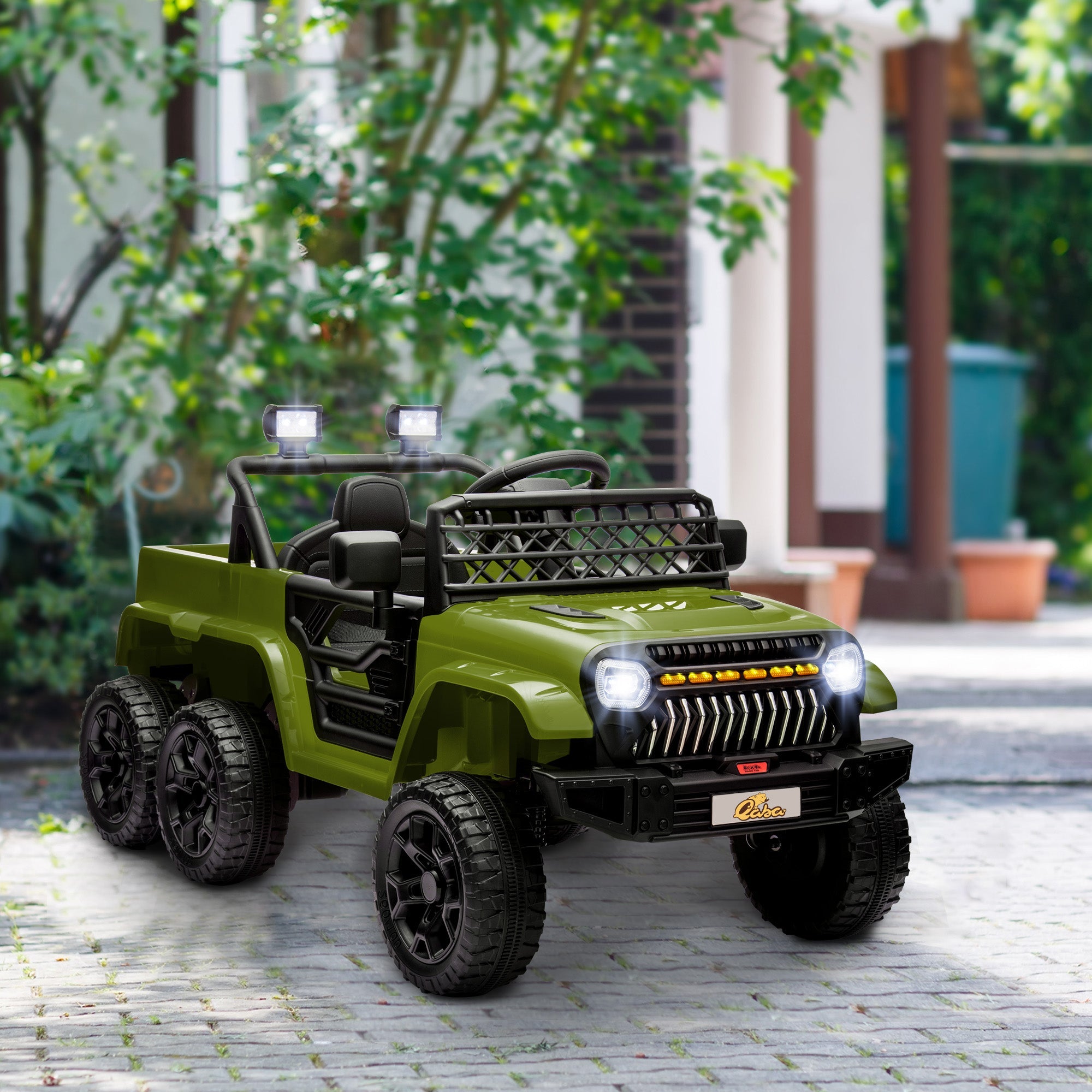 Qaba 12V 4WD/2WD Kids Electric Car w/ Remote Control, Spring Suspension, Back Trailer, Light, Music, Soft Start, Dark Green