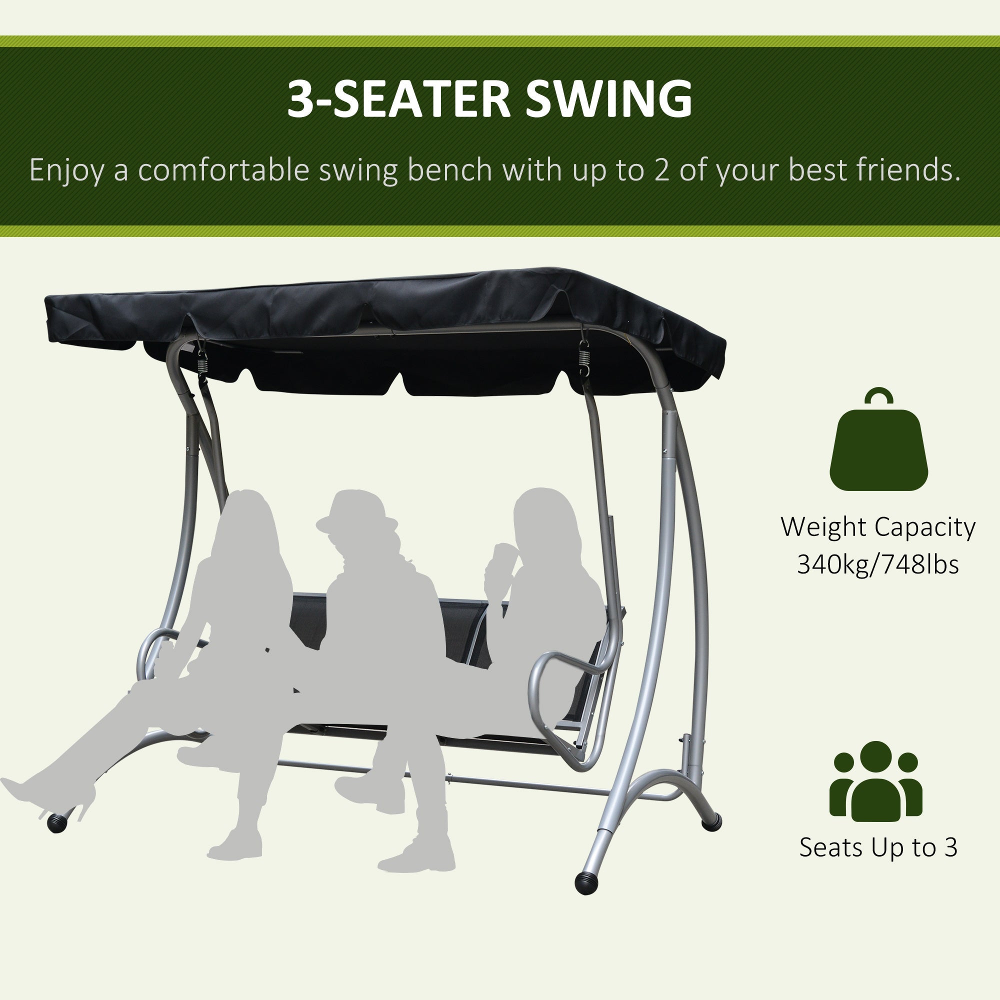 Outsunny 3-Seater Outdoor Swing Chair Bench - Adjustable Canopy, Patio Furniture for Garden, Black