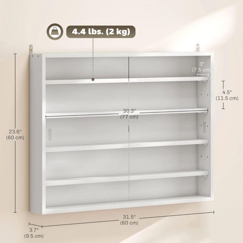 5-Tier Display Cabinet, Shot Glass Display Case, Glass Curio Cabinet with 2 Glass Doors and 4 Adjustable Shelves, White