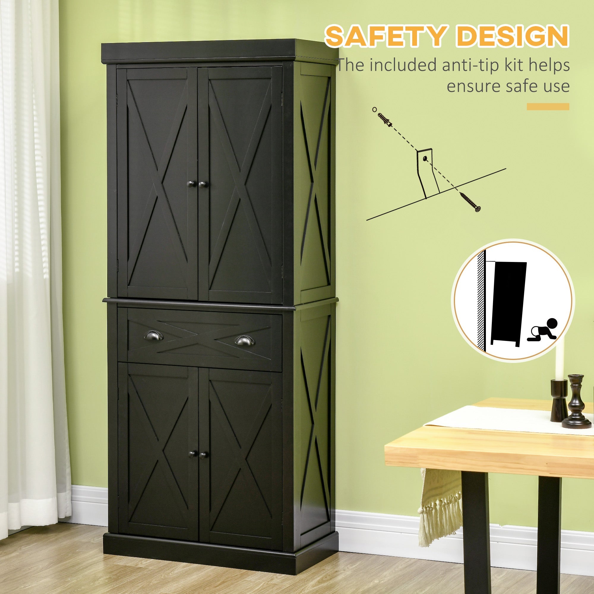 HOMCOM Black Farmhouse Pantry Cabinet: Freestanding 4-Door Kitchen Storage Cabinet Organizer with 6-Tiers, Drawer and 4 Shelves