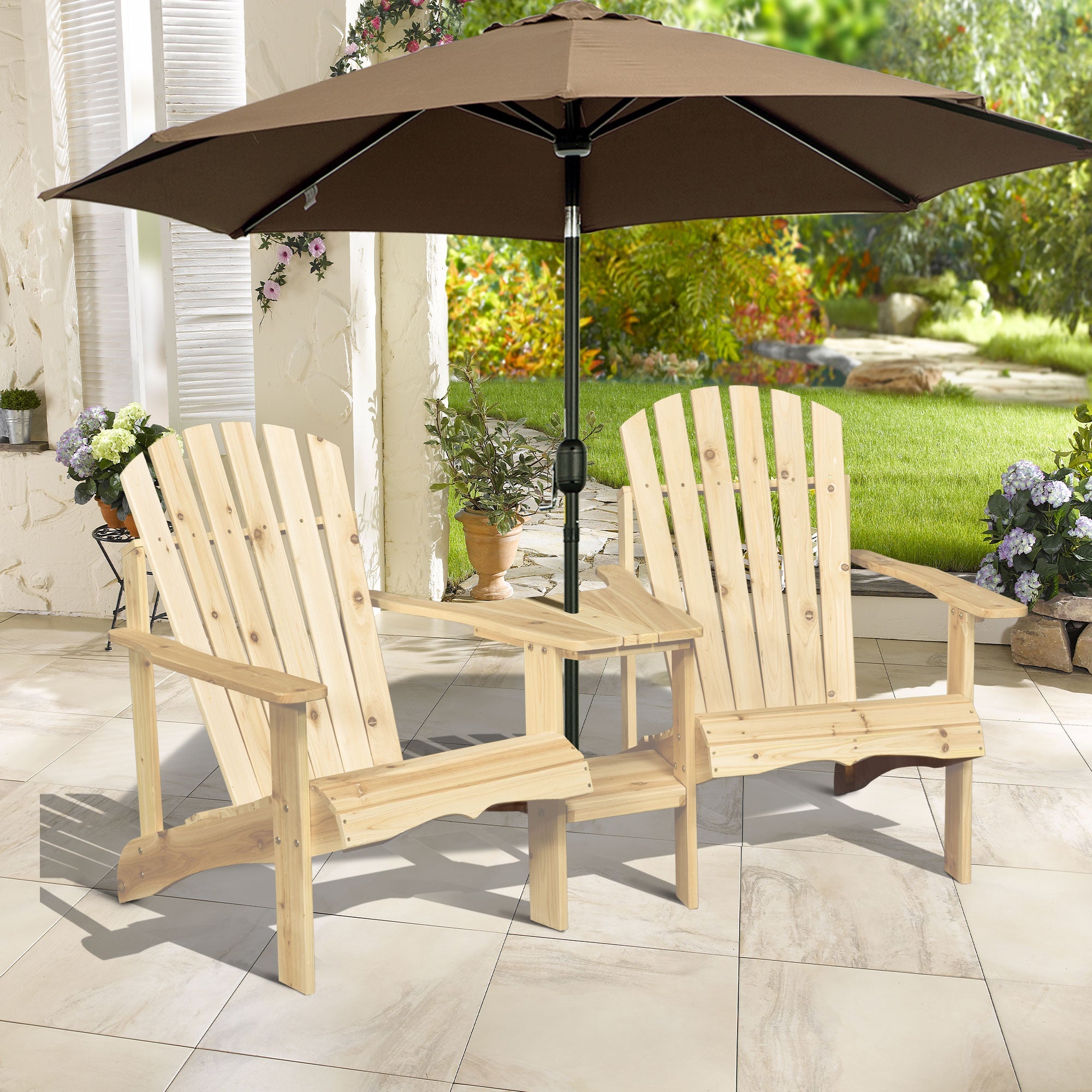 Outsunny Adirondack Chair Pair with Middle Table Tete-A-Tete Bench Outdoor Patio Wooden Reclined Natural