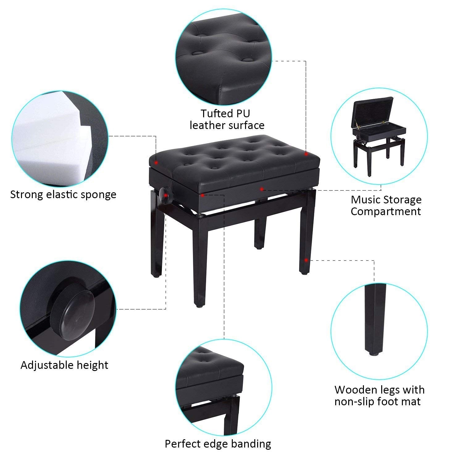 HOMCOM Height Adjustable Piano Bench w/ Thick and Soft PU Leather Padded w/ Enough Music Storage Design Black