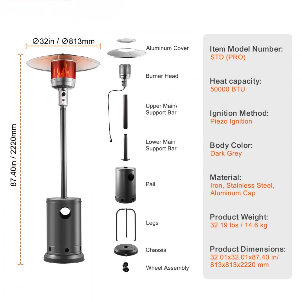 50,000 BTU Propane Patio Heater, Tall Hammered Finish with Wheels