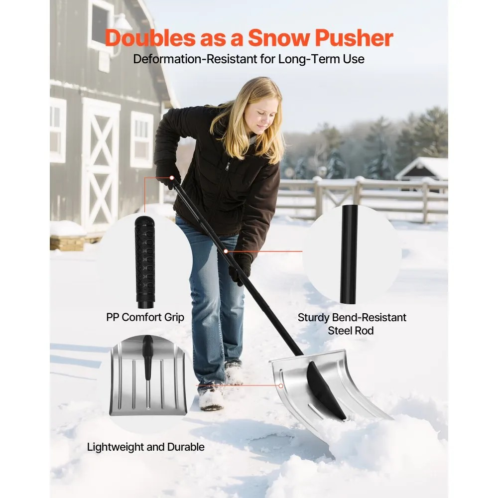 16-Inch Aluminum Snow Shovel with Non-Slip Grip for Driveways