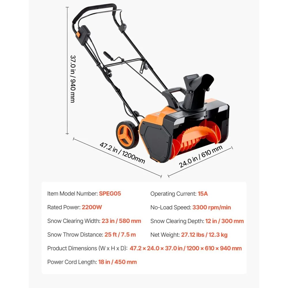 23-Inch Electric Snow Blower with 15A Motor, Dual LED Headlights and Rotating Chute