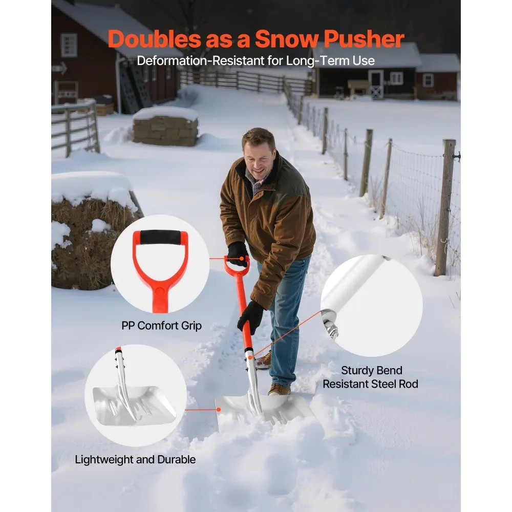 14-Inch Aluminum Snow Shovel with D-Shaped Handles for Driveways
