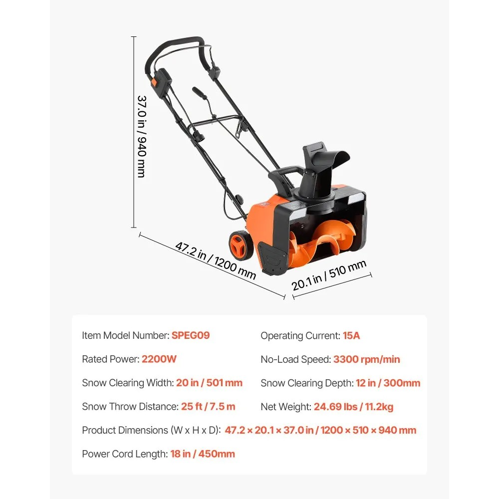 20-Inch Electric Snow Blower with 15A Motor, Dual LED Headlights and Rotating Chute