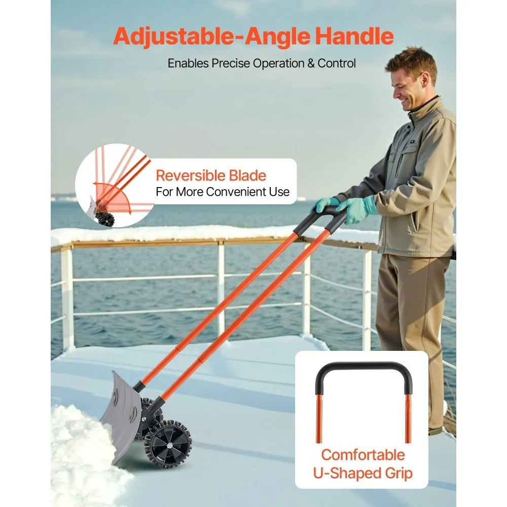 24-Inch Snow Pusher Shovel with Wheels, Adjustable Handle and Angled Metal Blade