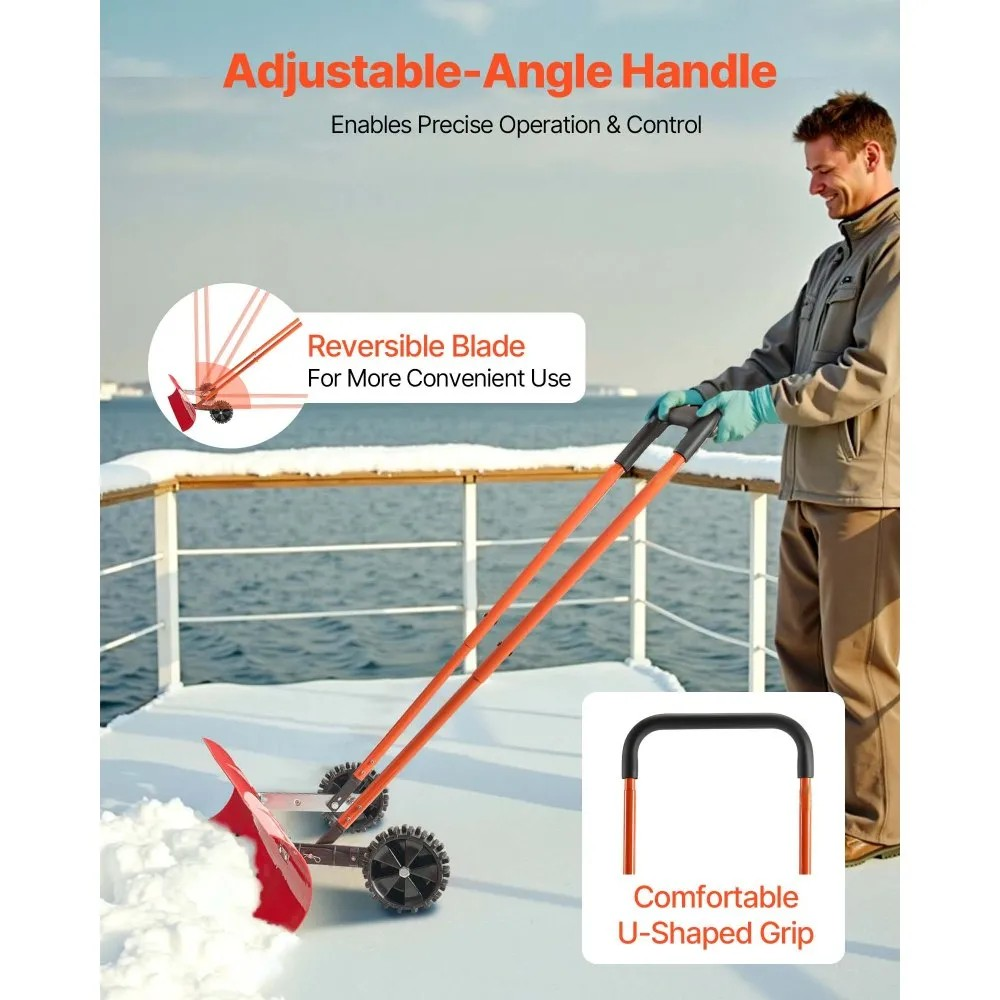 37.8-Inch Wheeled Snow Pusher Shovel with Adjustable Handle and Angled Blade