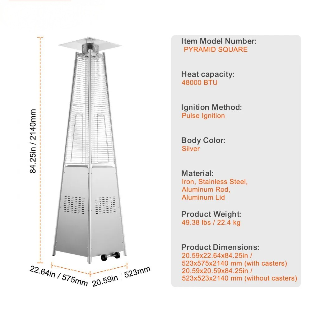 48,000 BTU Pyramid Propane Patio Heater with Wheels, Silver Finish