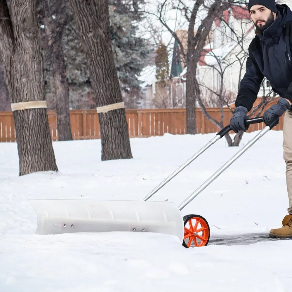 37-Inch Snow Shovel with Wheels, Wide ABS Blade and U-Shaped Aluminum Handle