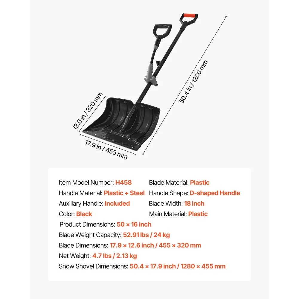 18-Inch Plastic Snow Shovel with D-Shaped Assist Handles and Non-Slip Grip