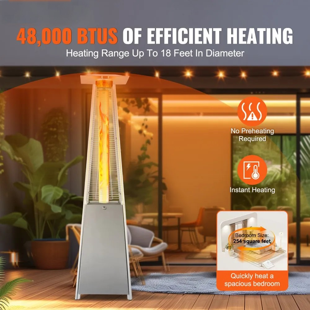 48,000 BTU Pyramid Propane Patio Heater with Wheels, Silver Finish