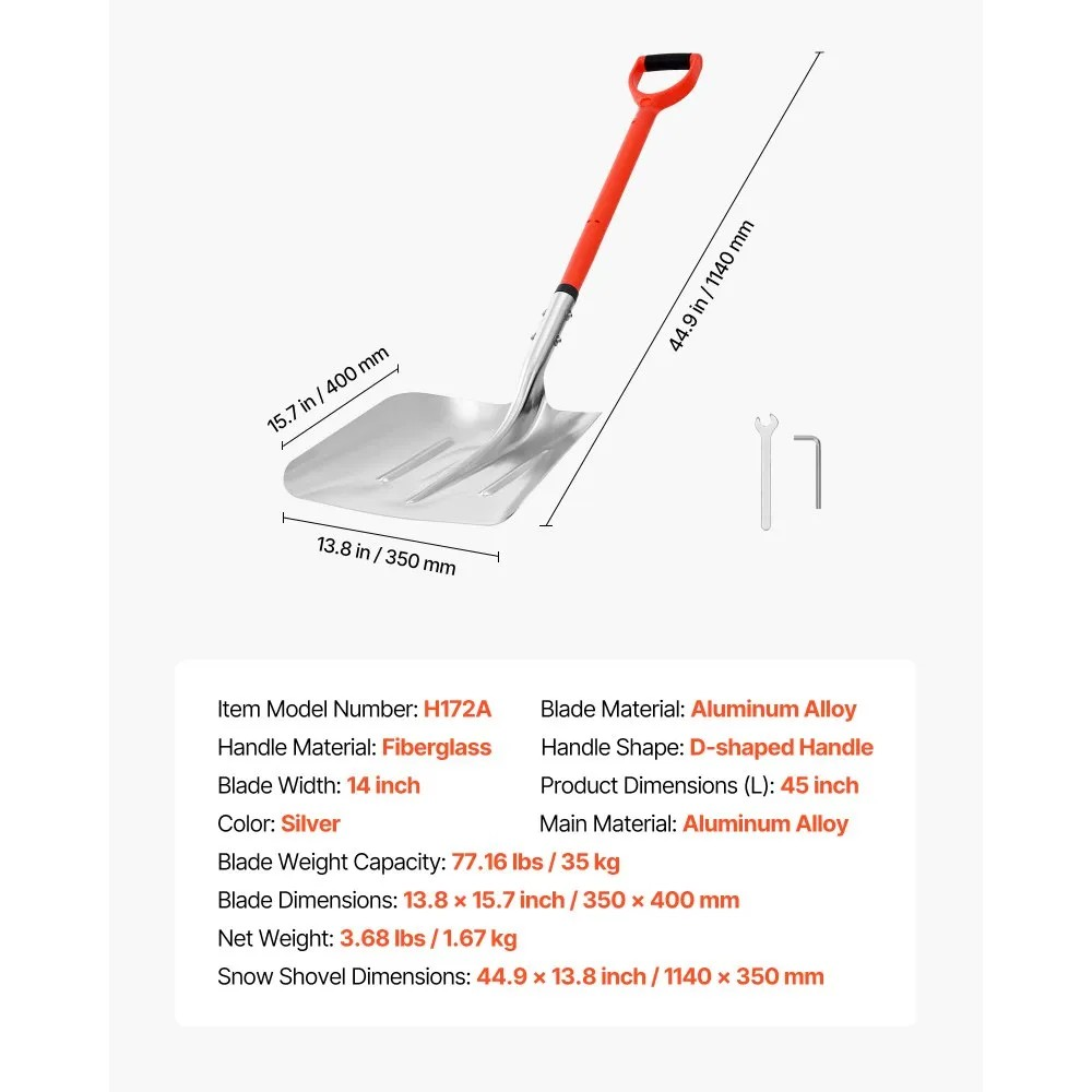 14-Inch Aluminum Snow Shovel with D-Shaped Handles for Driveways