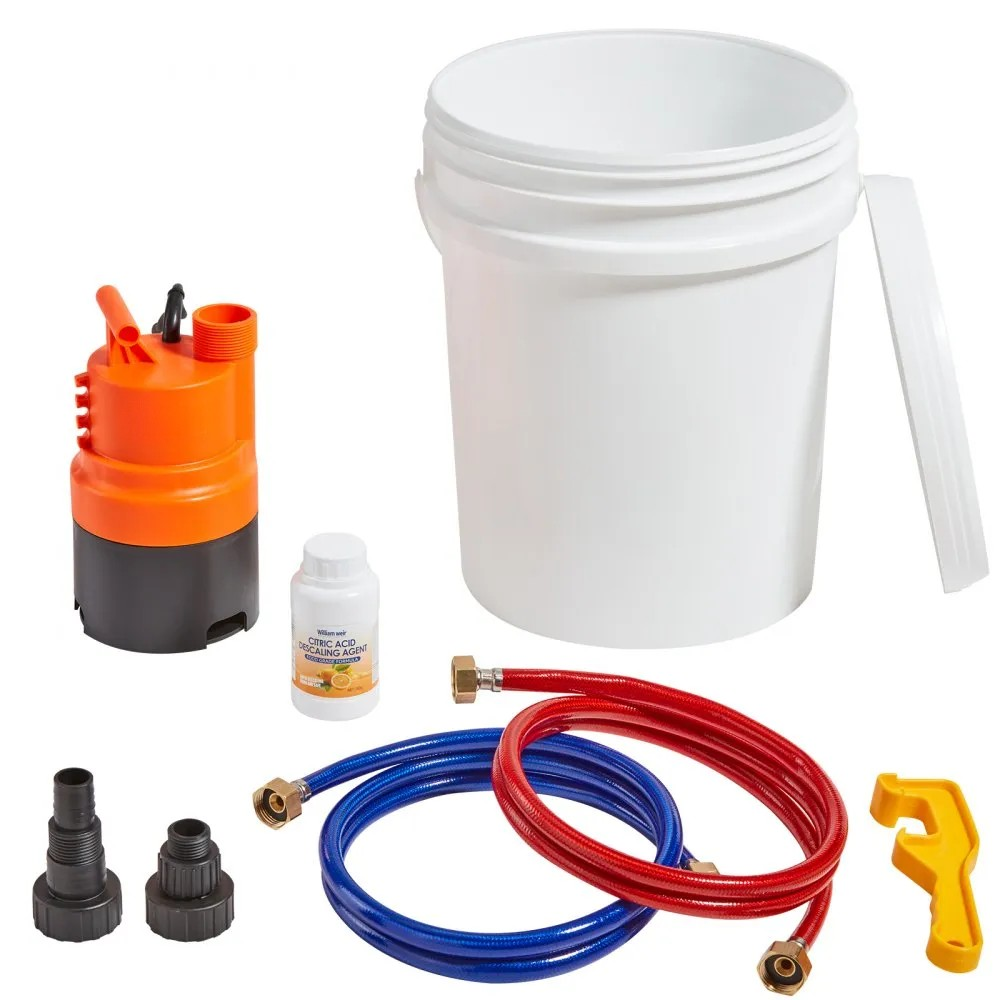 Tankless Water Heater Flushing Kit with Pump, 5-Gallon Pail, 2 Hoses and Descaling Powder