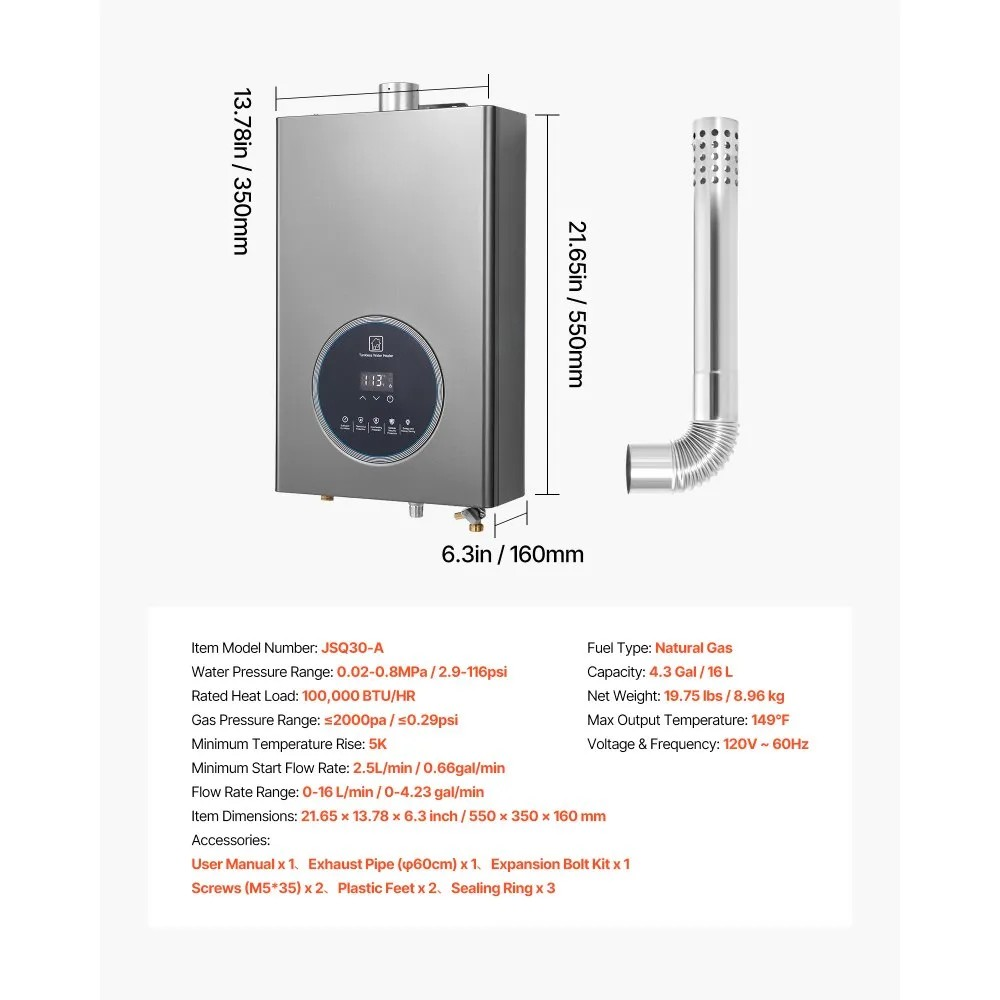 Gas Tankless Water Heater 4.3Gal 100000 BTU Smart Temp Control LED