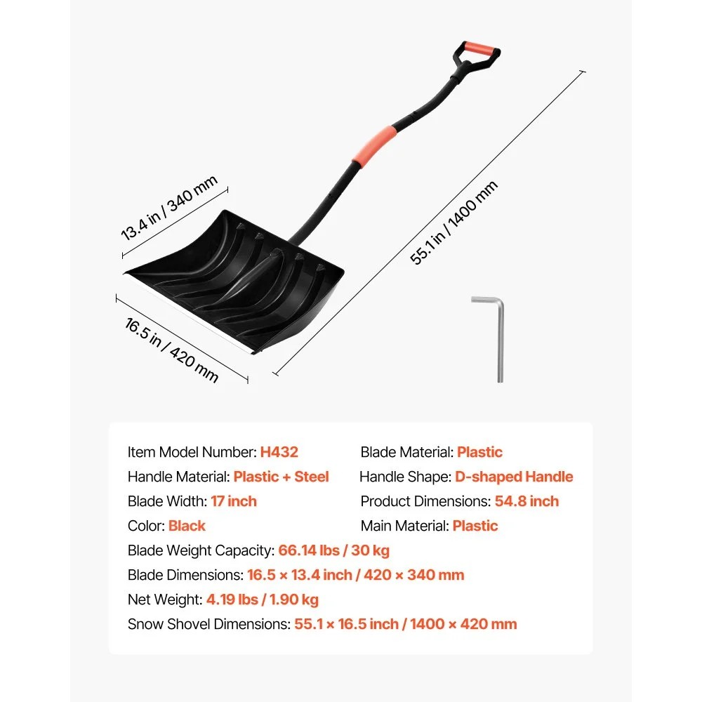 17-Inch Plastic Snow Shovel with Aluminum Blade and D-Shaped Handles