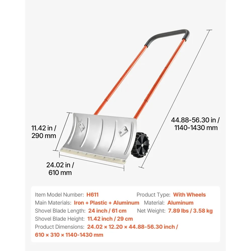 24-Inch Snow Pusher Shovel with Wheels, Adjustable Handle and Angled Metal Blade