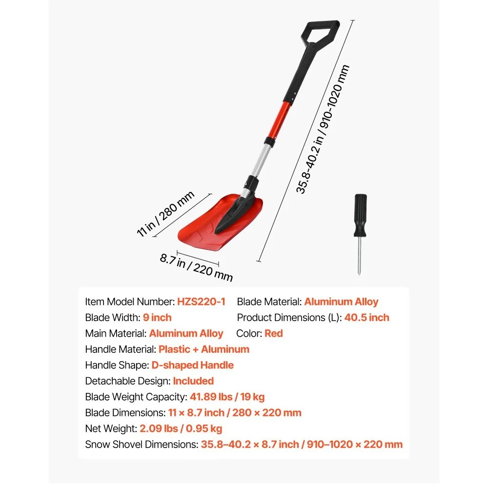 9-Inch Lightweight Snow Shovel with Aluminum Alloy Blade and 36–40" Handle