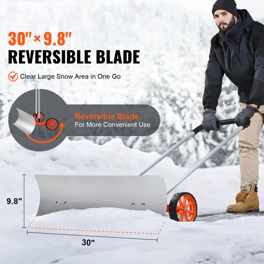 30-Inch Snow Shovel with Wheels, Metal Blade and U-Shaped Aluminum Alloy Handle