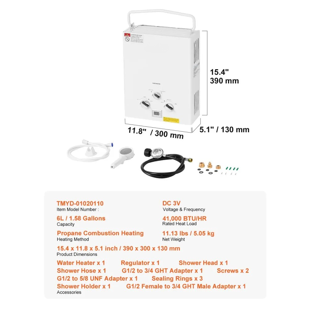 Tankless Propane Water Heater, 6L Portable Design with Regulator
